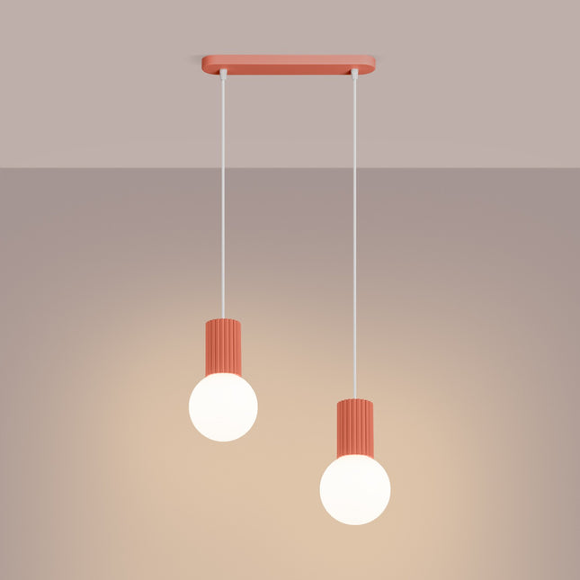 Suspension Halo 2 globes sur barre pêche, lumière allumée, diffusion du verre opalin