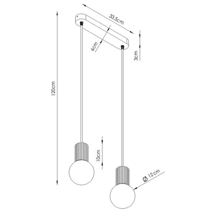 Schéma de cotes du modèle suspension halo 2 globes sur barre rouge ocre