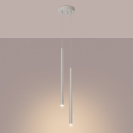 suspension halo 2 tubes étagés beige en acier, lumière allumée