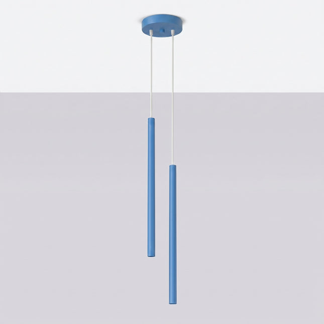 suspension halo 2 tubes étagés bleu azur en acier, vue en situation