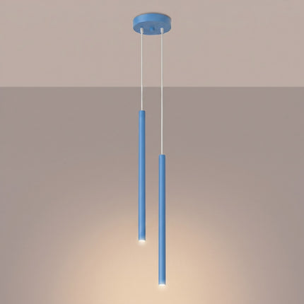suspension halo 2 tubes étagés bleu azur en acier, lumière allumée