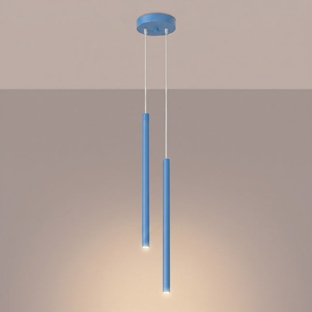suspension halo 2 tubes étagés bleu azur en acier, lumière allumée