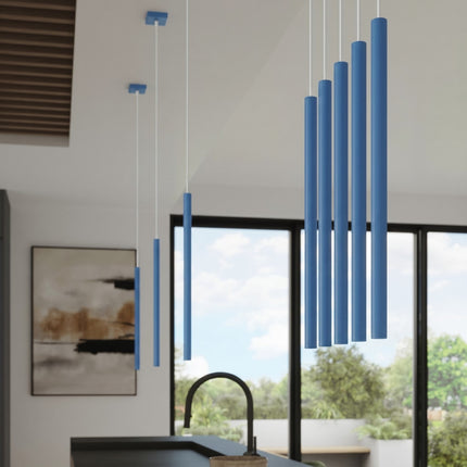 suspension halo 2 tubes étagés bleu azur en acier, intérieur contemporain