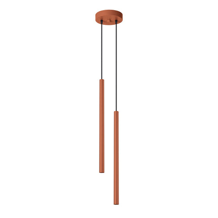 suspension halo 2 tubes étagés rouge ocre en acier, packshot sur fond blanc