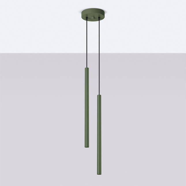 suspension halo 2 tubes étagés vert olive en acier, vue en situation