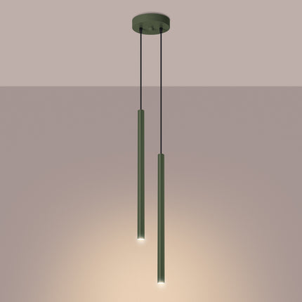 suspension halo 2 tubes étagés vert olive en acier, lumière allumée