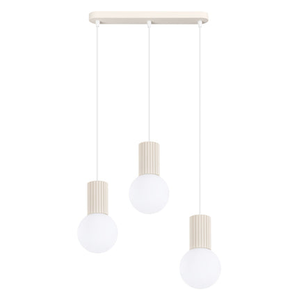 Suspension Halo 3 globes sur barre beige, packshot sur fond blanc