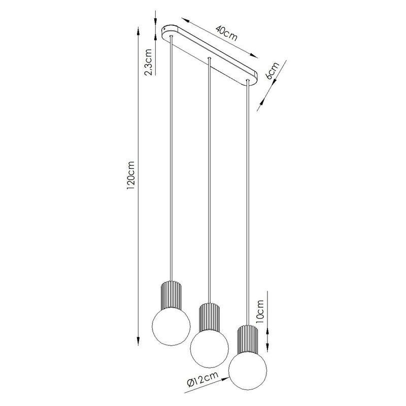 Dimensions Suspension Halo 3 Globes sur Barre Beige, Aluminium et Verre Opalin