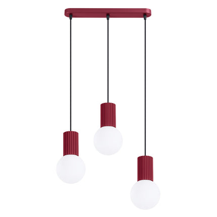 Suspension Halo 3 globes sur barre bordeaux, packshot sur fond blanc