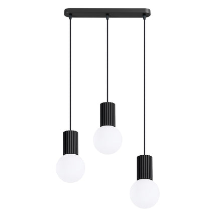 Suspension Halo 3 globes sur barre noire, packshot sur fond blanc