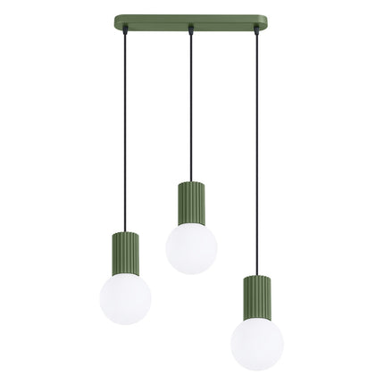 Suspension Halo 3 globes sur barre vert olive, packshot sur fond blanc