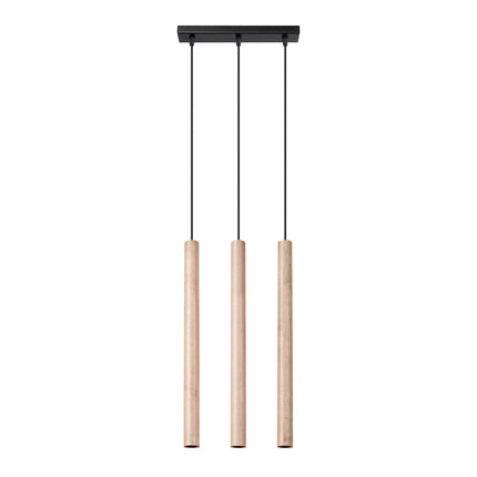 Suspension Halo 3 bois naturel sur fond blanc, 3 tubes suspendus par câbles noirs fins