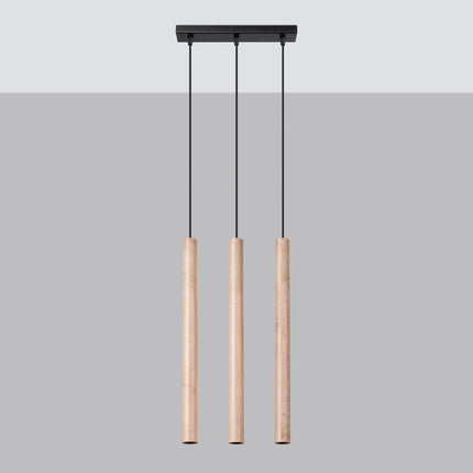 Suspension Halo 3 bois naturel, vue packshot sur fond gris et blanc mettant en valeur le grain du bois