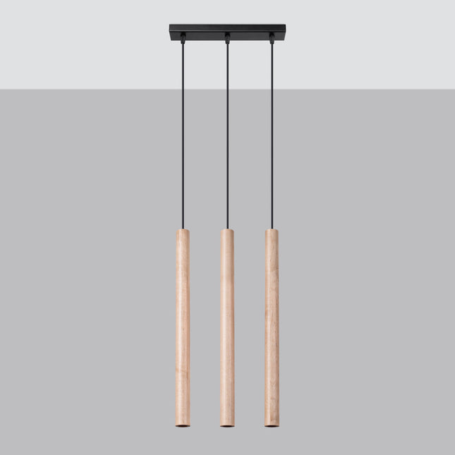 Suspension Halo 3 bois naturel, vue packshot sur fond gris et blanc mettant en valeur le grain du bois
