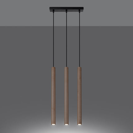Suspension Halo 3 bois naturel allumée, lumière chaude diffusée vers le bas dans un décor sombre