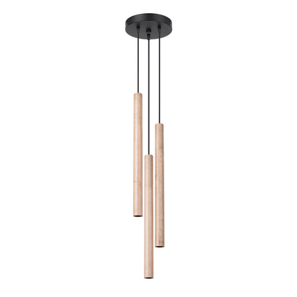Suspension Halo 3 bois naturel sur fond blanc, 3 tubes suspendus par câbles noirs fins