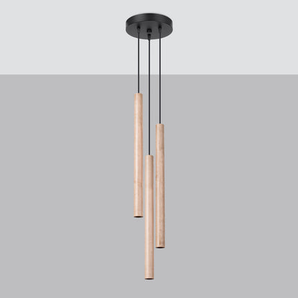 Suspension Halo 3 bois naturel, vue packshot sur fond gris et blanc mettant en valeur le grain du bois