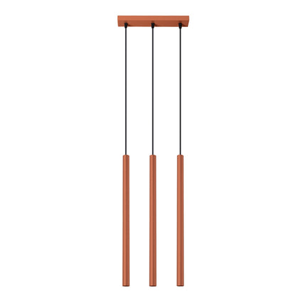 suspension halo 3 tubes alignés rouge ocre en acier, packshot sur fond blanc