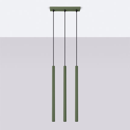 suspension halo 3 tubes alignés vert olive en acier, vue en situation