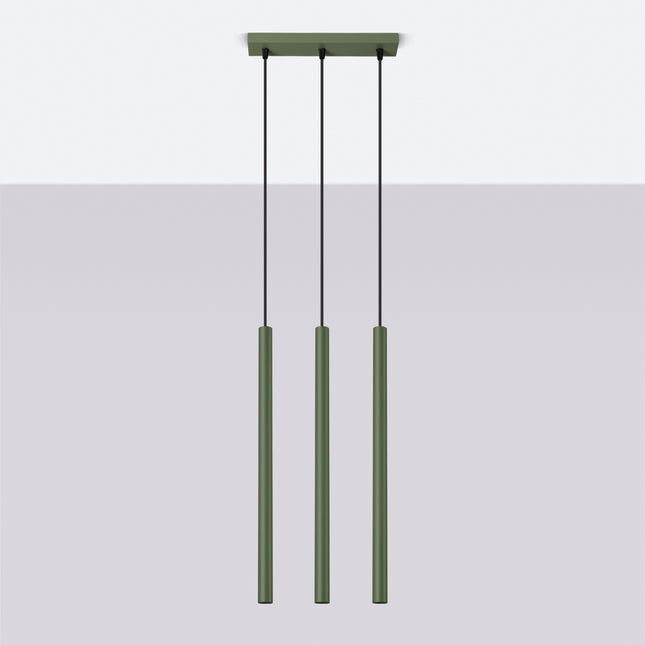 suspension halo 3 tubes alignés vert olive en acier, vue en situation