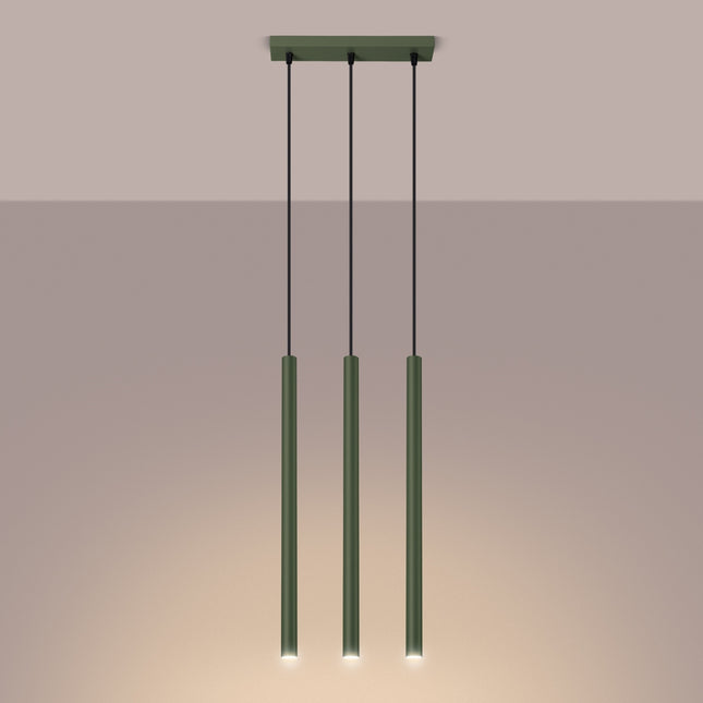suspension halo 3 tubes alignés vert olive en acier, lumière allumée