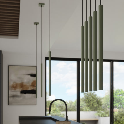 suspension halo 3 tubes alignés vert olive en acier, intérieur contemporain