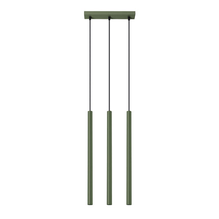 suspension halo 3 tubes alignés vert olive en acier, packshot sur fond blanc