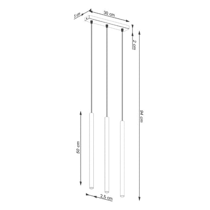 suspension halo 3 tubes alignés vert olive en acier, schéma de cotes