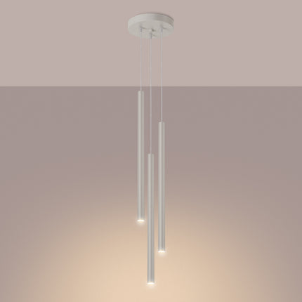suspension halo 3 tubes étagés beige en acier, lumière allumée