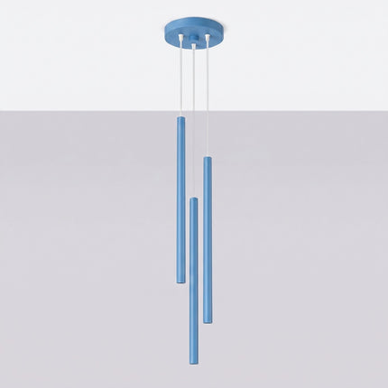 suspension halo 3 tubes étagés bleu azur en acier, vue en situation