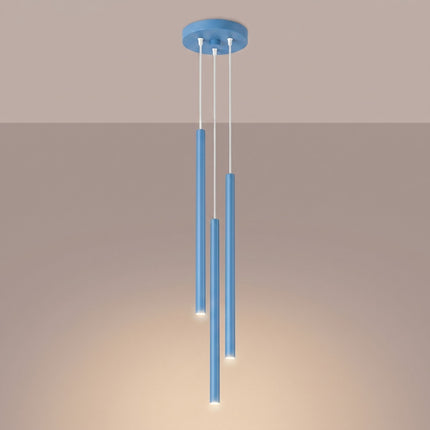 suspension halo 3 tubes étagés bleu azur en acier, lumière allumée