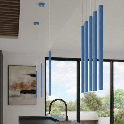 suspension halo 3 tubes étagés bleu azur en acier, intérieur contemporain