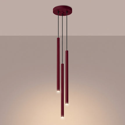 suspension halo 3 tubes étagés bordeaux en acier, lumière allumée