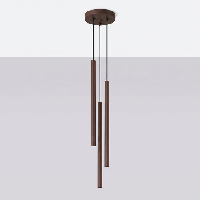 suspension halo 3 tubes étagés brun chocolat en acier, vue en situation