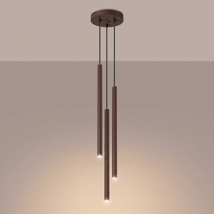 suspension halo 3 tubes étagés brun chocolat en acier, lumière allumée