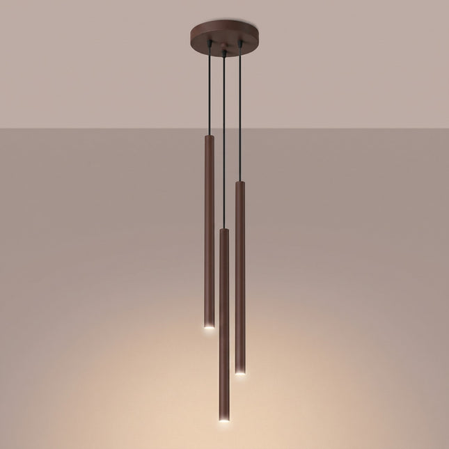 suspension halo 3 tubes étagés brun chocolat en acier, lumière allumée