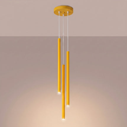 suspension halo 3 tubes étagés jaune ambré en acier, lumière allumée