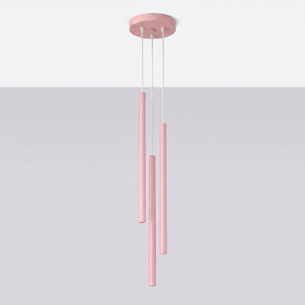 suspension halo 3 tubes étagés rose poudré en acier, vue en situation