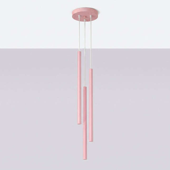 suspension halo 3 tubes étagés rose poudré en acier, vue en situation