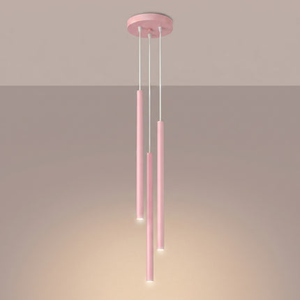 suspension halo 3 tubes étagés rose poudré en acier, lumière allumée