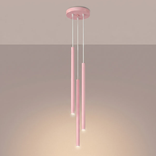 suspension halo 3 tubes étagés rose poudré en acier, lumière allumée