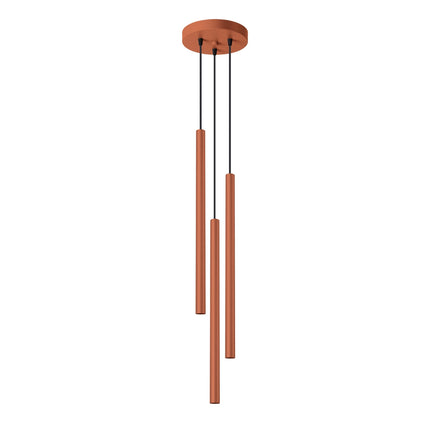 suspension halo 3 tubes étagés rouge ocre en acier, packshot sur fond blanc
