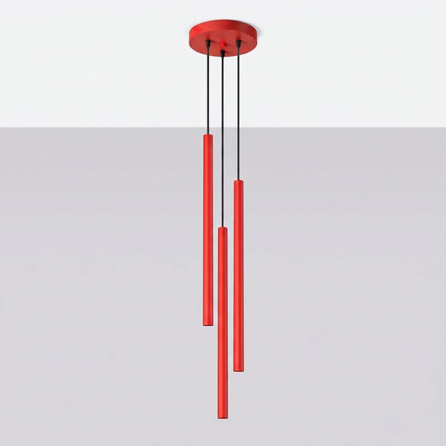 suspension halo 3 tubes étagés rouge vif en acier, vue en situation