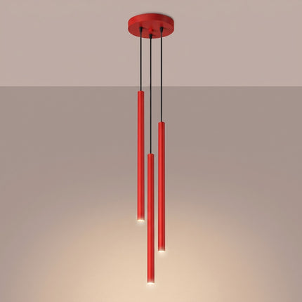 suspension halo 3 tubes étagés rouge vif en acier, lumière allumée
