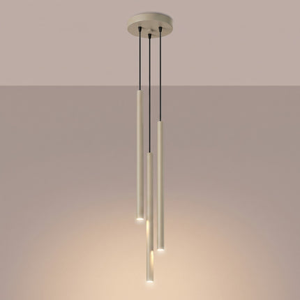 suspension halo 3 tubes étagés taupe en acier, lumière allumée