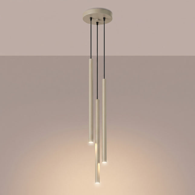 suspension halo 3 tubes étagés taupe en acier, lumière allumée
