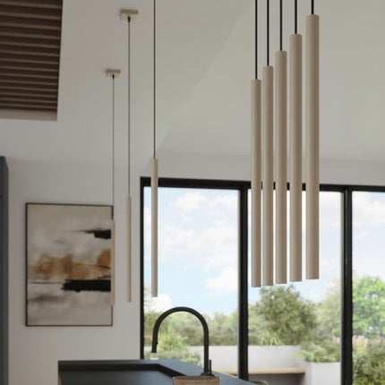 suspension halo 3 tubes étagés taupe en acier, intérieur contemporain