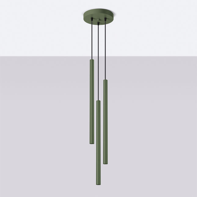 suspension halo 3 tubes étagés vert olive en acier, vue en situation
