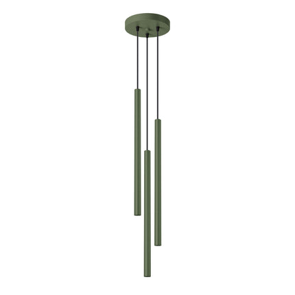 suspension halo 3 tubes étagés vert olive en acier, packshot sur fond blanc