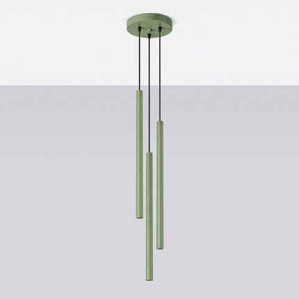 suspension halo 3 tubes étagés vert sauge en acier, vue en situation
